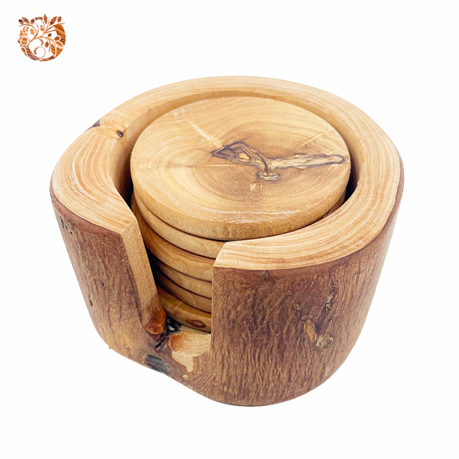 Lot De 6 Sous-Verres En Bois D'Olivier Rustique Avec Récipient - 100% Fait Main, Design Unique Et Naturel